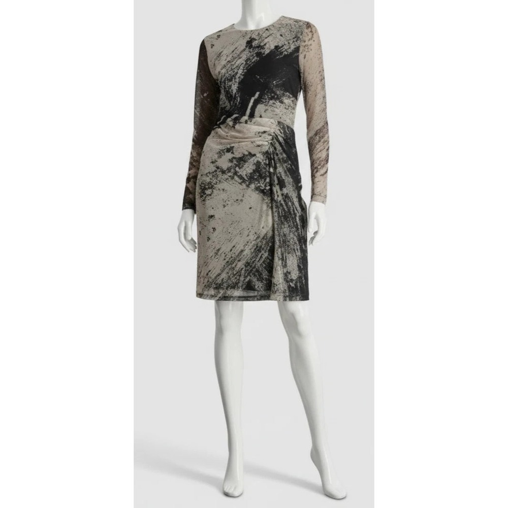 New DKNY Granite Mesh Twist Front Ruched Round Neck Long Sleeve Dress Size 10